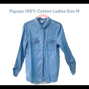 Papaya 100% Cotton Blue Denim Chambray Ladies Long Sleeve Shirt size M